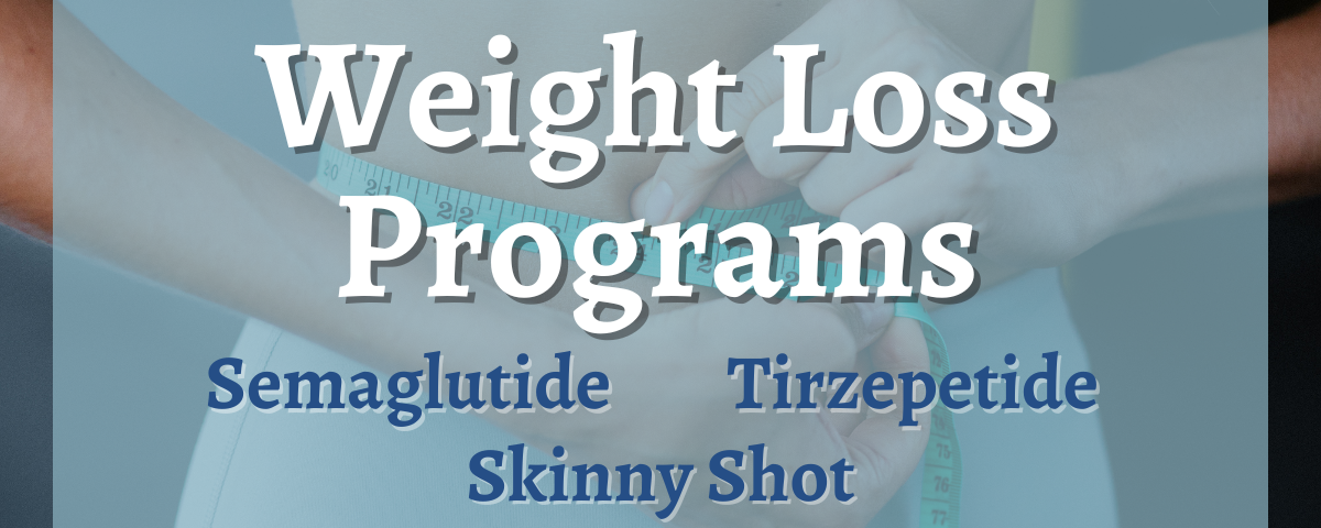 Promotional image featuring semaglutide, tirzepatide, and skinny shot for weight loss services.