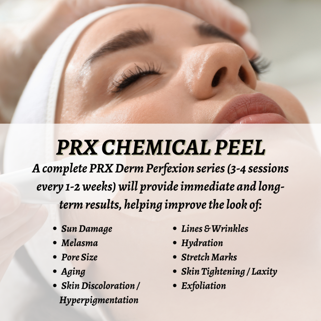 Close-up of a woman's face during a PRX chemical peel treatment, revealing smoother skin and reduced blemishes.