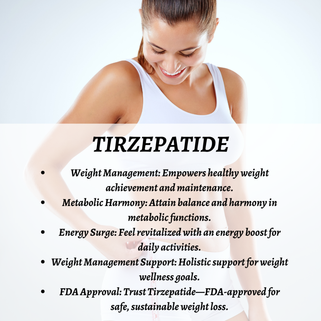 Tirzepatide, a medication for weight loss, displayed with text highlighting its benefits.