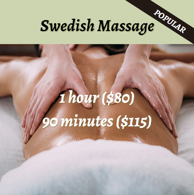 Woman enjoying a relaxing Swedish massage - 1-hour and 90-minute sessions available