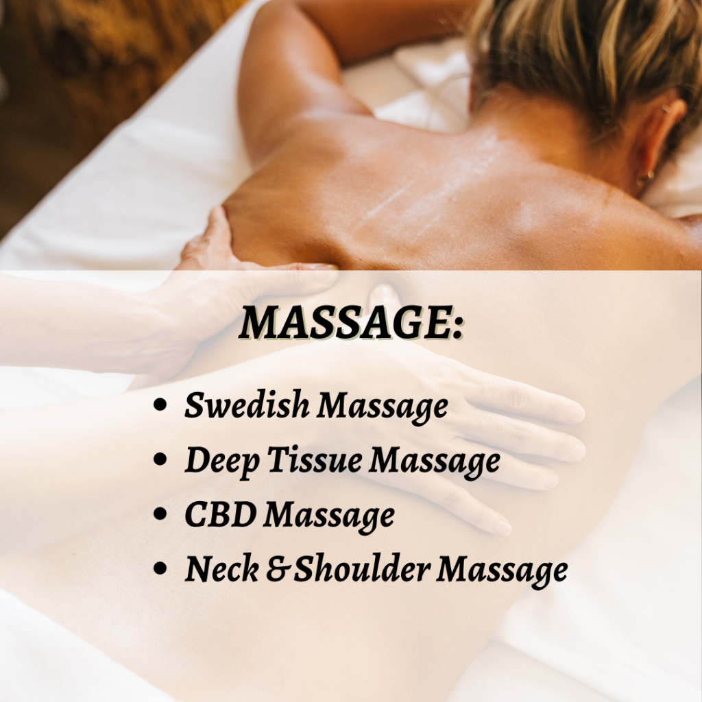 massage services: Swedish, deep tissue, CBD, neck & shoulder massage